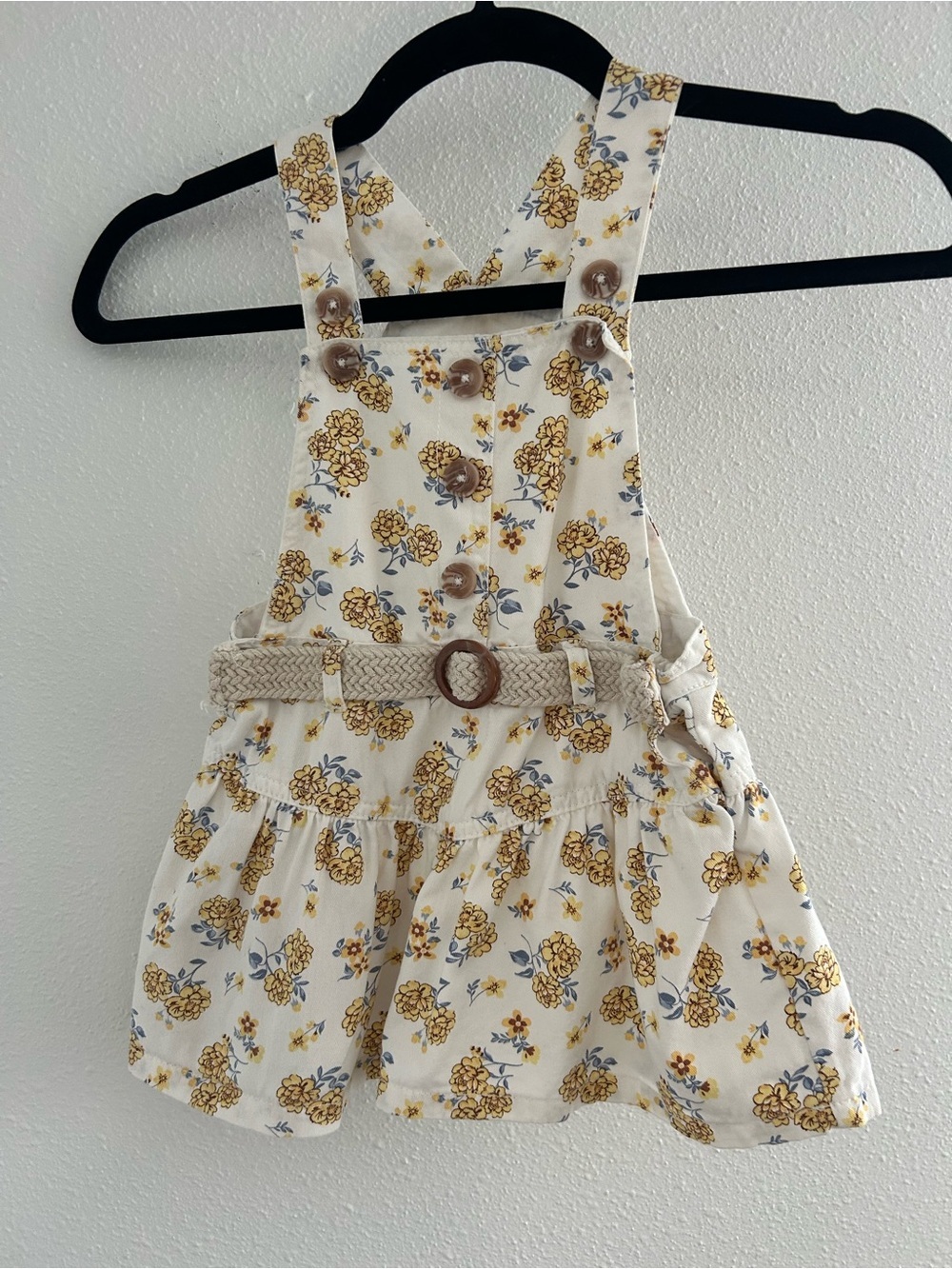 Girls' Floral Denim-Style Pinafore Dress in Cream and Yellow